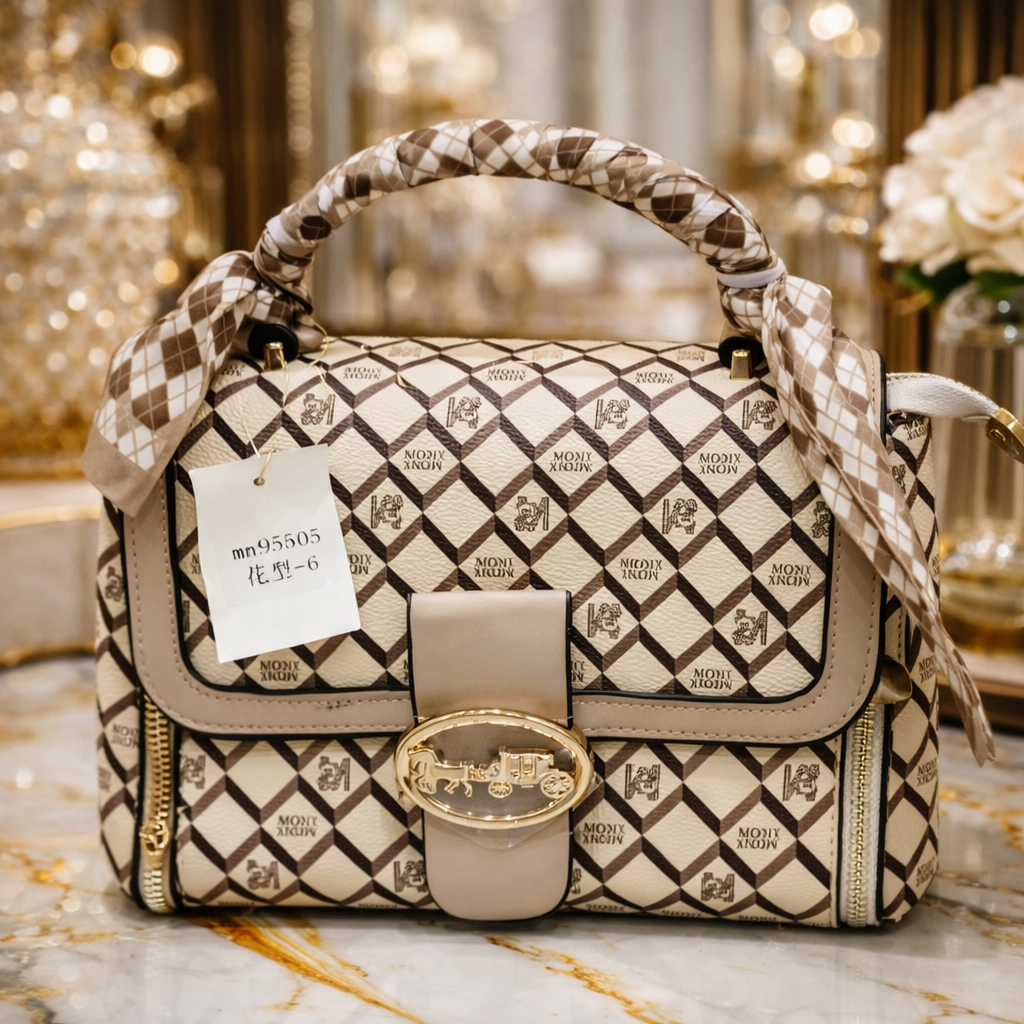 Premium Beige Monogram Luxury Handbag with Gold Clasp-2