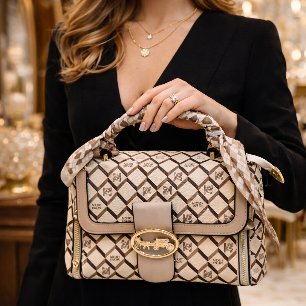 Premium Beige Monogram Luxury Handbag with Gold Clasp