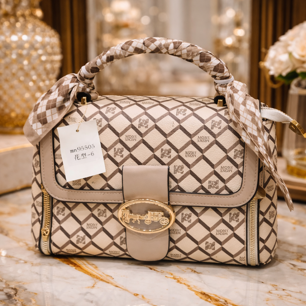 Premium Beige Monogram Luxury Handbag with Gold Clasp